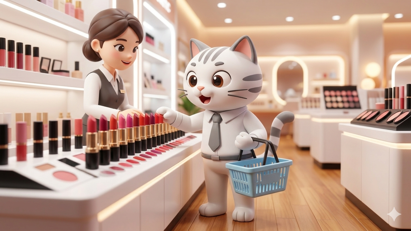 Lipstick Economy Indonesia ditunjukkan lewat kosmetik lokal berdampingan dengan grafik perbandingan rupiah dan yen melemah.